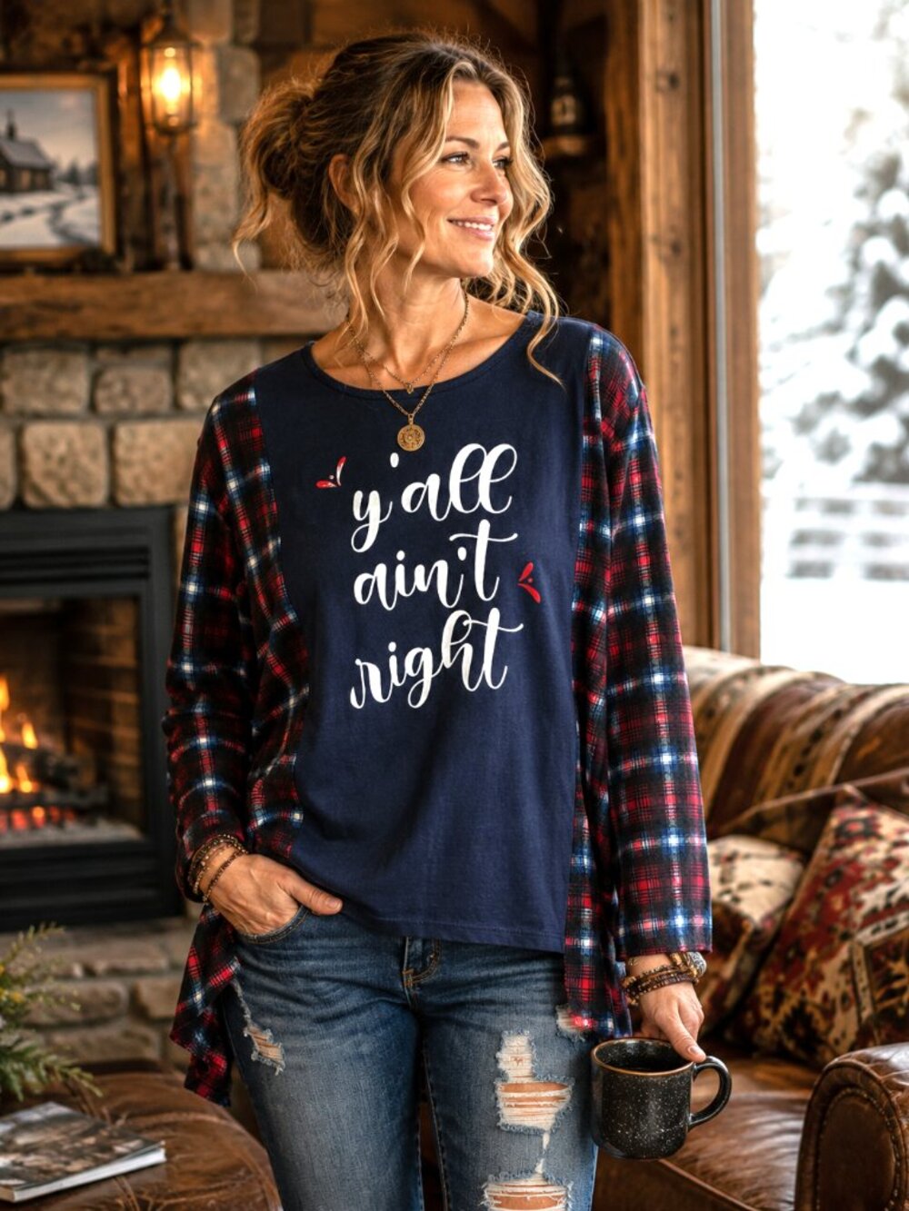 Upcycled Flannel Shirt Reworked Oversized Y’all Ain’t Right Graphic Size M - L